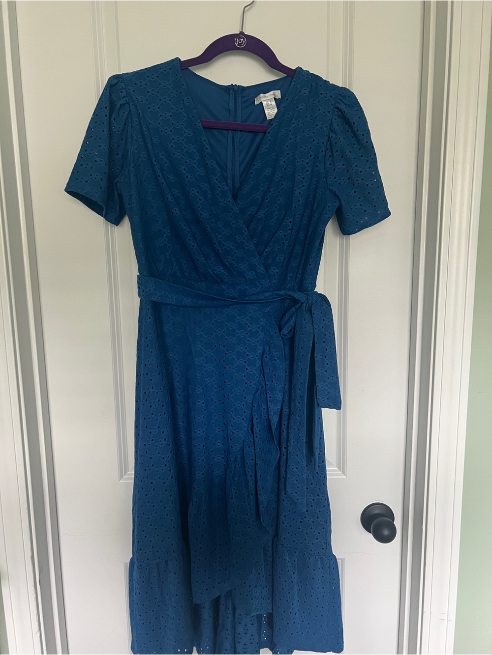 London Times Teal Eyelet Wrap-Style Midi Dress